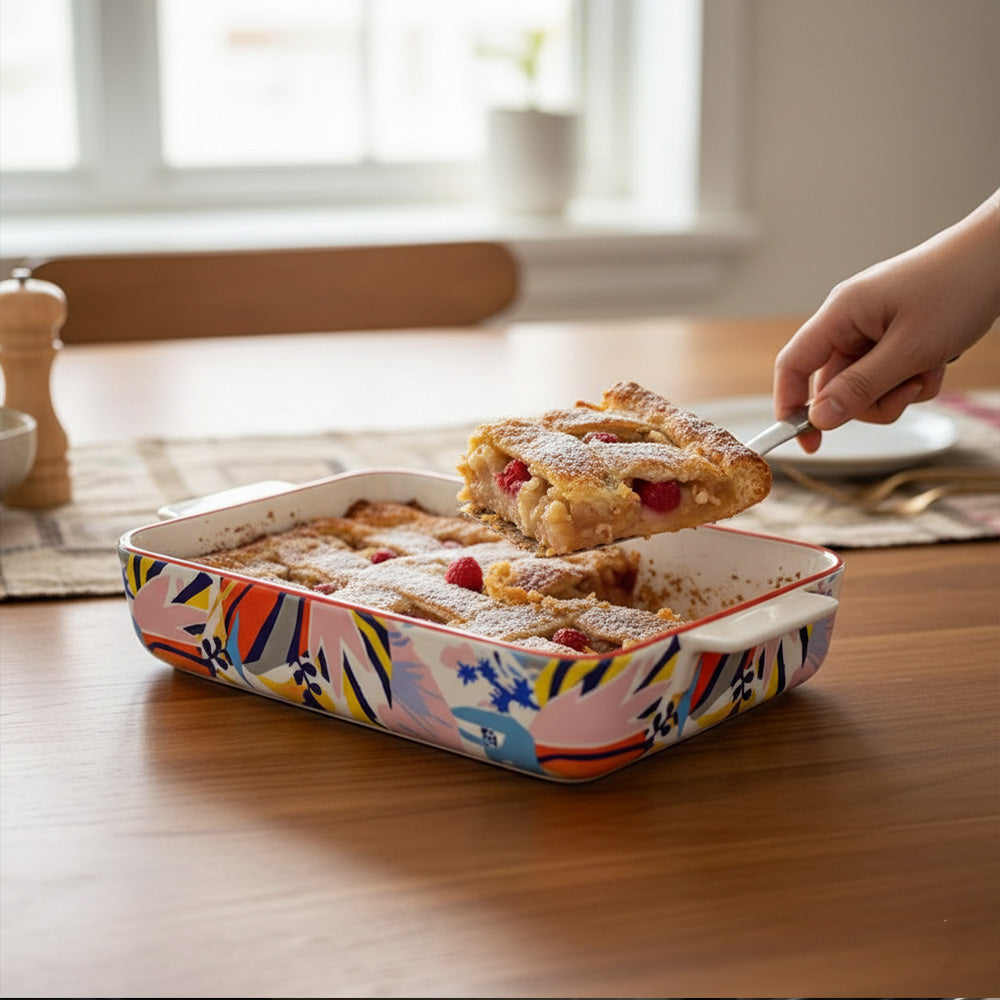 صينية خبز سيراميك مستطيلة - ٣٥ سم (تصميم زهور ملونة)