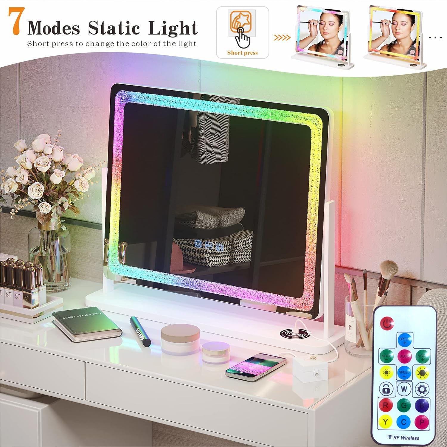 مرآة مكياج LED RGB مع 7 أوضاع قابلة للتعتيم