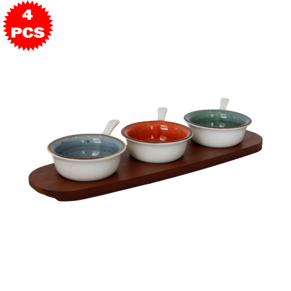 طقم تقديم سيراميك مع قاعدة خشب بامبو – 4 قطع
