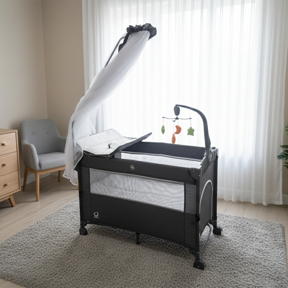 سرير أطفال قابل للطي مع ناموسية وطاولة تغيير
