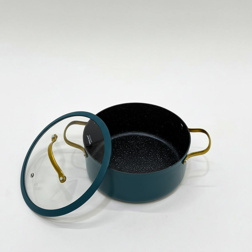 قدر طهي غير لاصق بغطاء زجاجي - 20/22/24 سم، اللون: أزرق مخضر وذهبي
