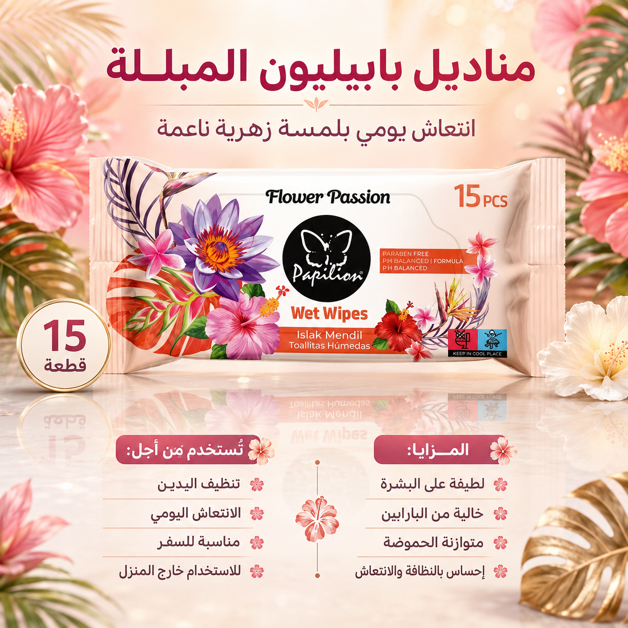 مناديل 15 منديلًا مبللًا