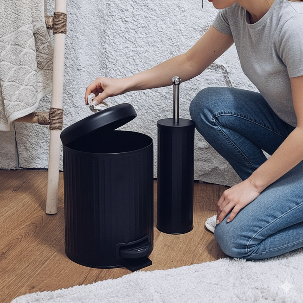 طقم سلة مهملات وفرشاة مرحاض