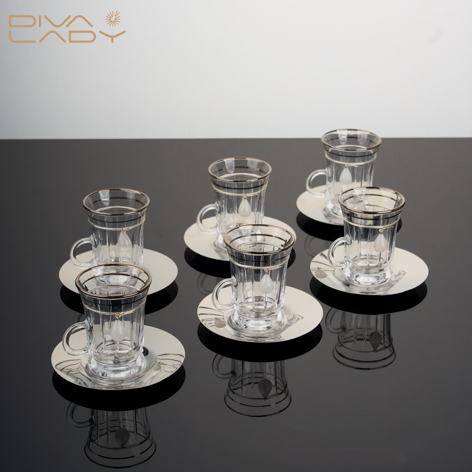طقم استكانه و فنجان ١٨ قطعة فضى مع كريستال