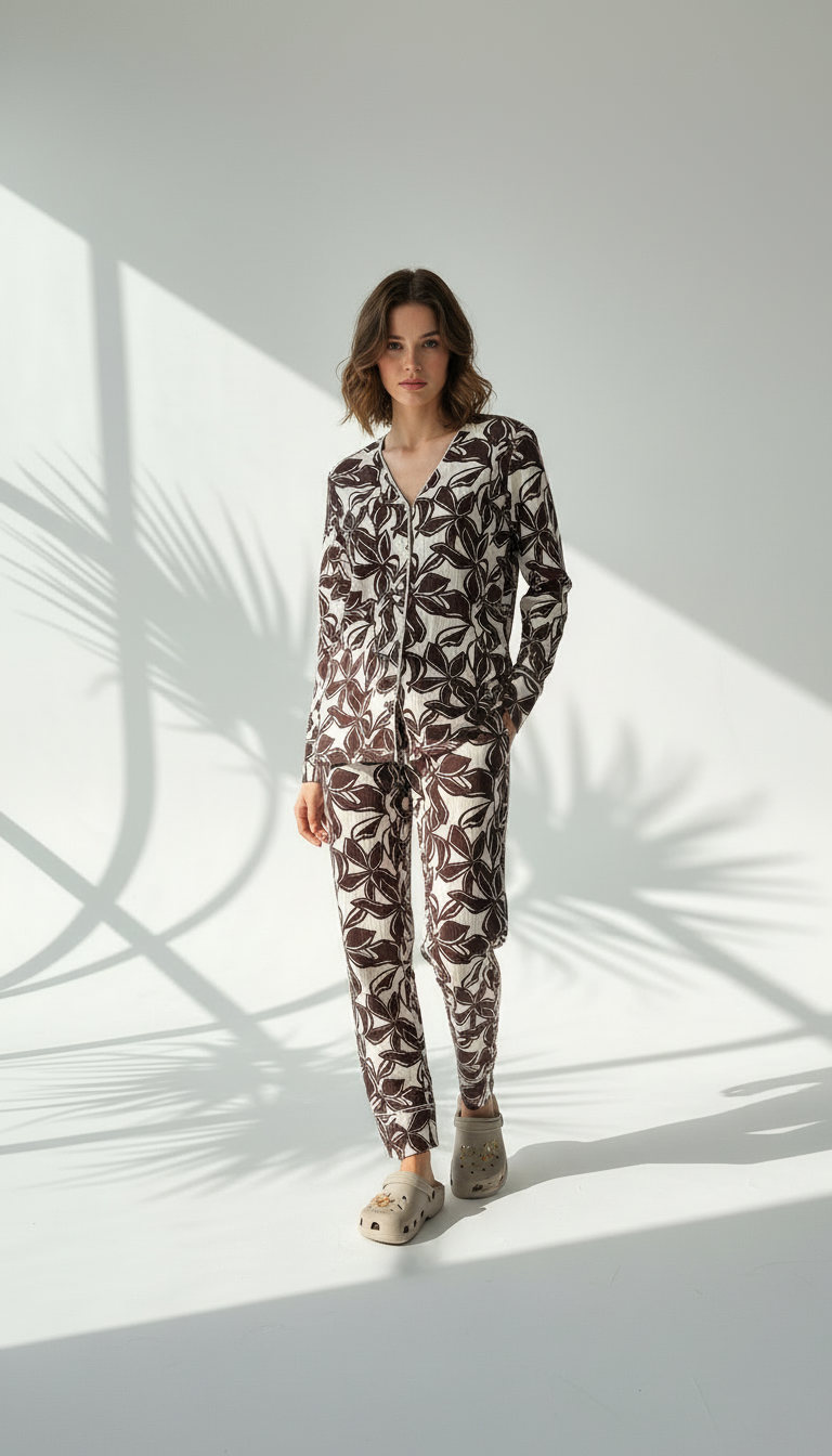 بيجامة نسائي بزهور متباينة