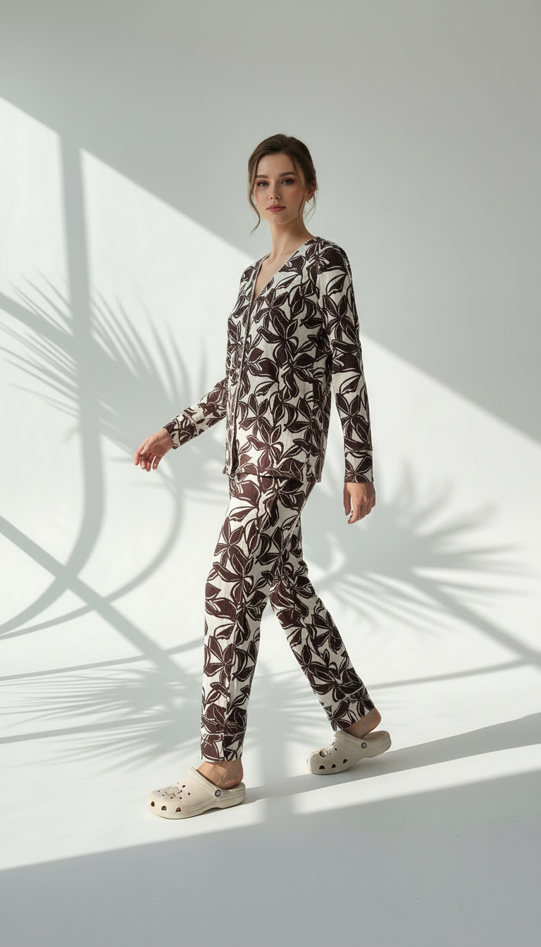 بيجامة نسائي بزهور متباينة