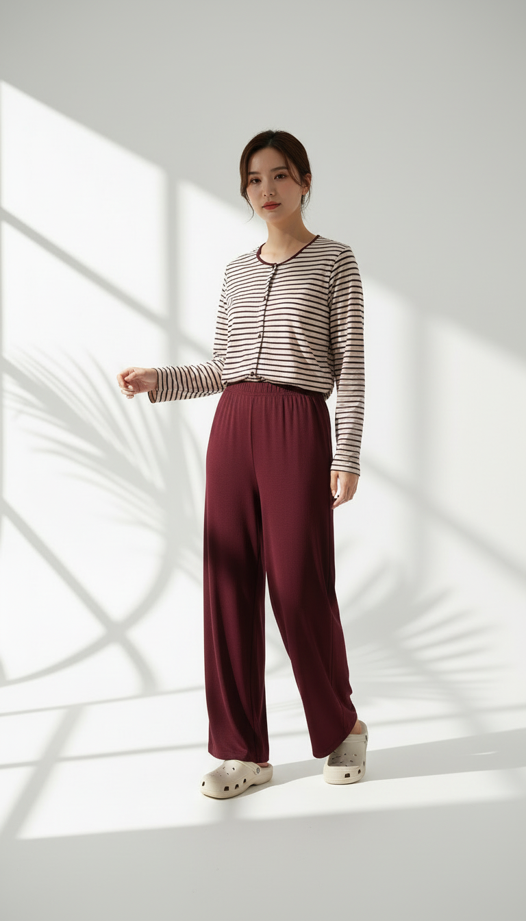 بيجامة ببلوزة مقلّمة وبنطال واسع