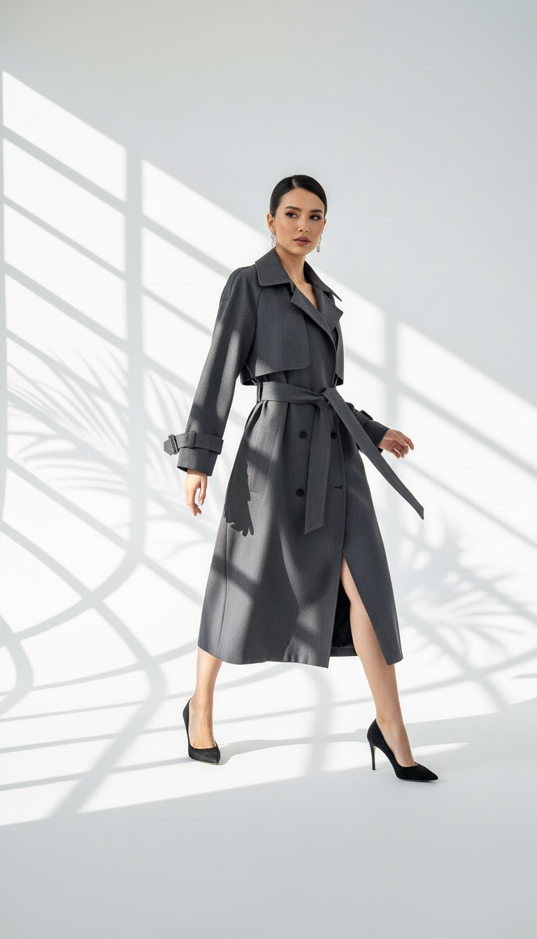 معطف كلاسيكي طويل بحزام ربط