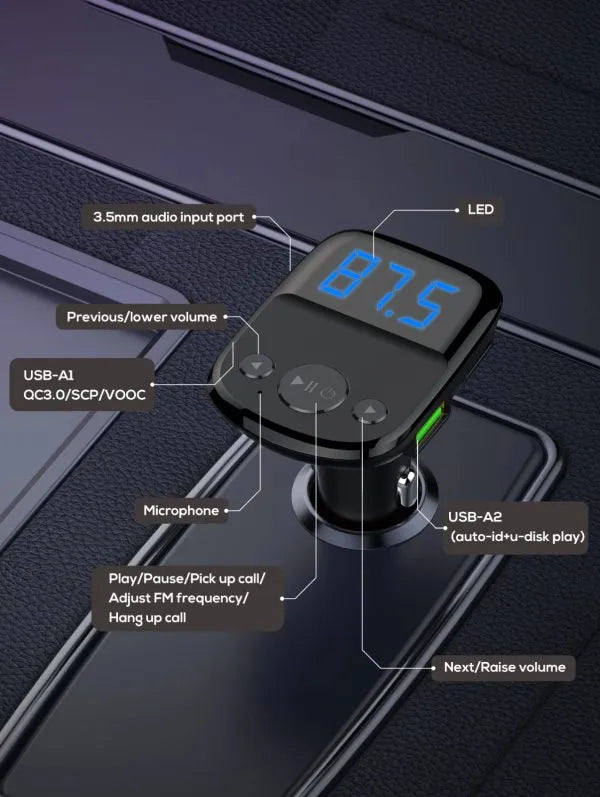 LDNIO C706Q جهاز إرسال FM بلوتوث وشاحن USB مزدوج