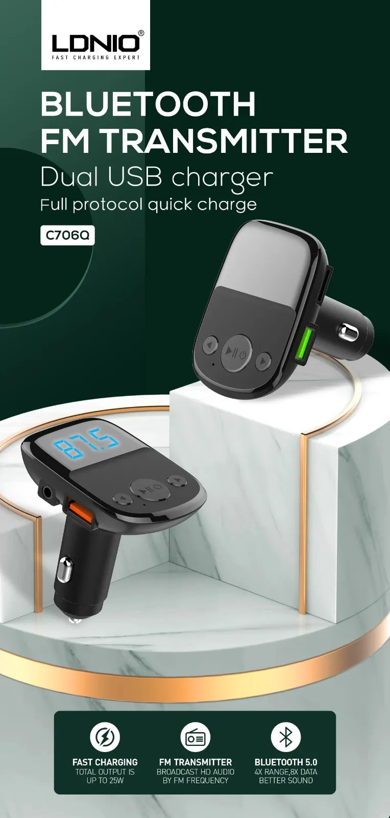 LDNIO C706Q جهاز إرسال FM بلوتوث وشاحن USB مزدوج