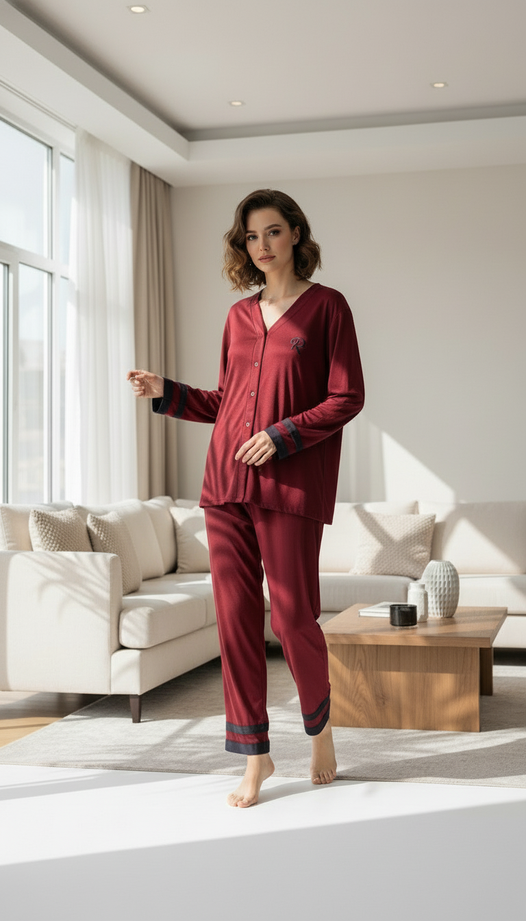 بيجامة نسائي باطراف محددة بالاسود