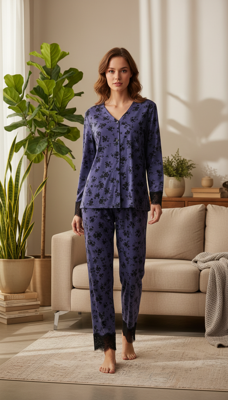 بيجامة نسائي بازرار واطراف دانتيل