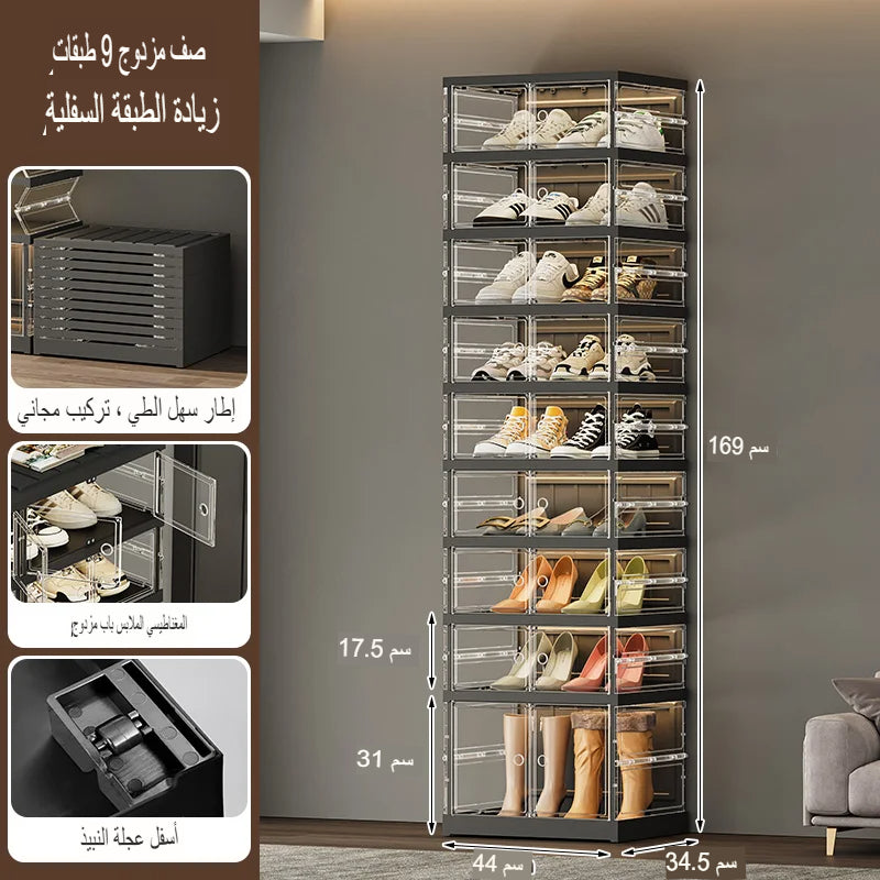 خزانة أحذية شفافة قابلة للطي عالية الجودة، اللون: أسود